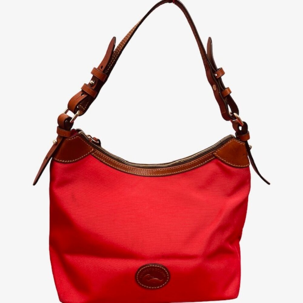 Red Dooney & Bourke ShoulderBag Boho Canvas Brown trim Leather 14"x8"x10" (43 - Picture 4 of 15